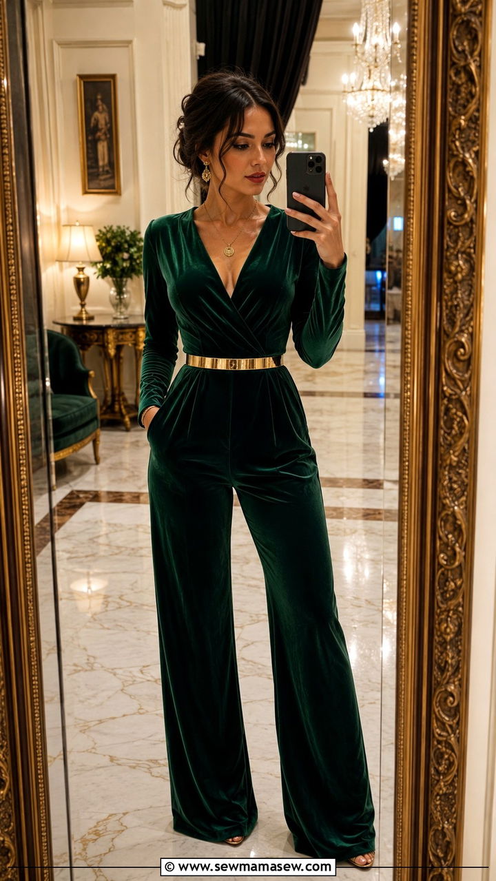 Emerald Green Velvet Jumpsuit with Gold Accents - 30 How to style a jumpsuit for a wedding