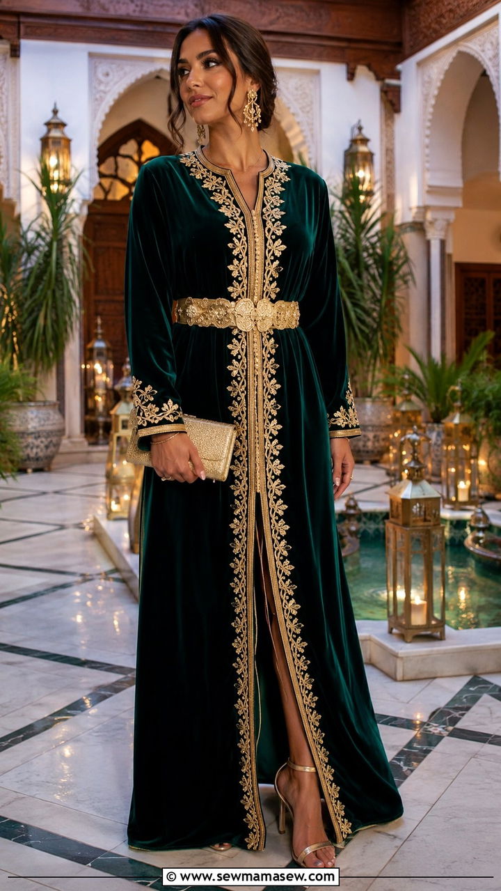 Emerald Green Velvet Kaftan with Gold Mdamma Belt - 25 Wedding guest outfit ideas Moroccan wedding