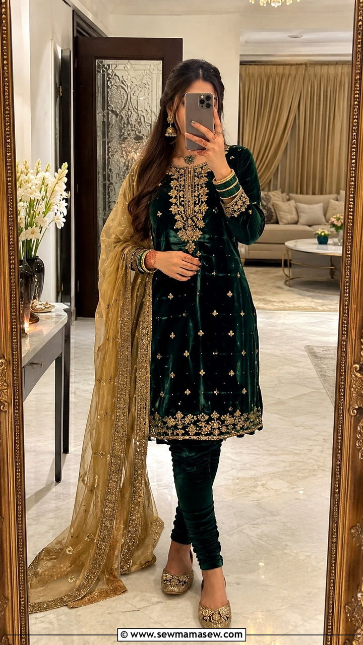 Emerald Green Velvet Kurta Set - 25 Mehndi outfit ideas 2026
