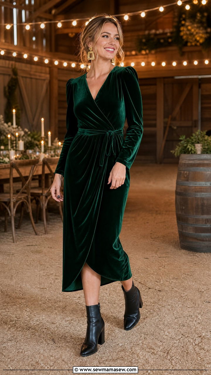 Emerald Green Velvet Midi Dress with Black Leather Boots - 25 Farm wedding guest outfit ideas