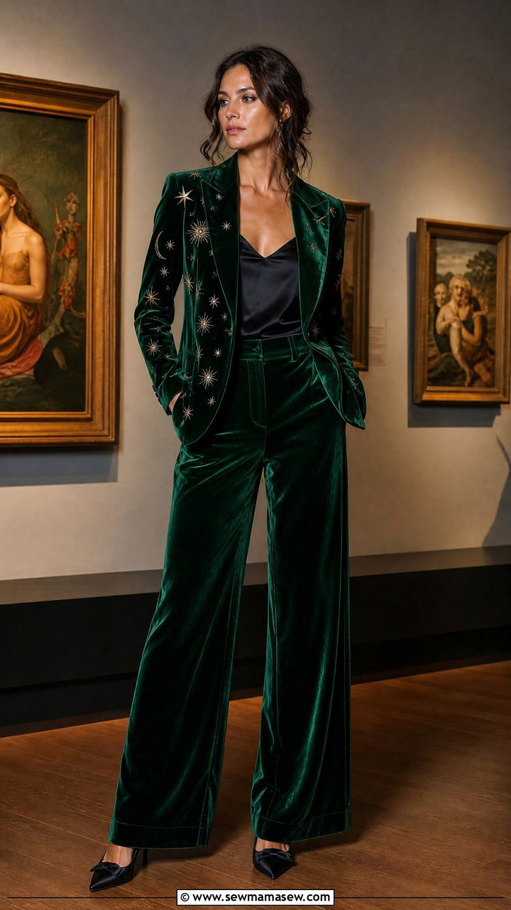 Emerald Green Velvet Suit With Celestial Embroidery - 25 classy celestial outfits