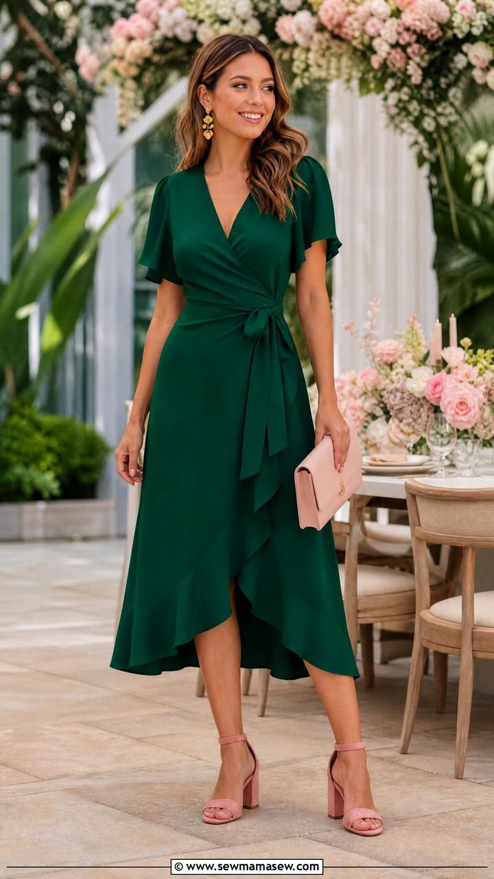 Emerald Green Wrap Dress and Pink Block Heels - 25 Green and pink outfit ideas