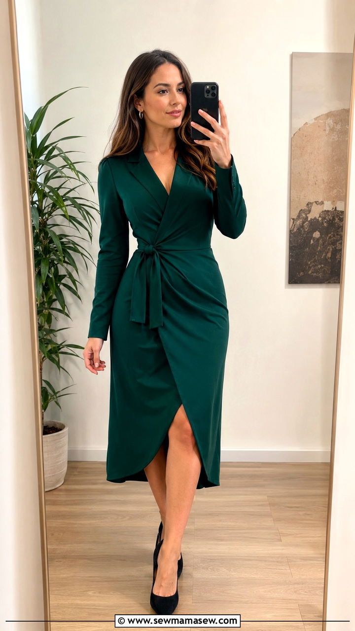 Emerald Green Wrap Dress with Black Pumps and Gold Earrings - 30 Green outfit ideas for work
