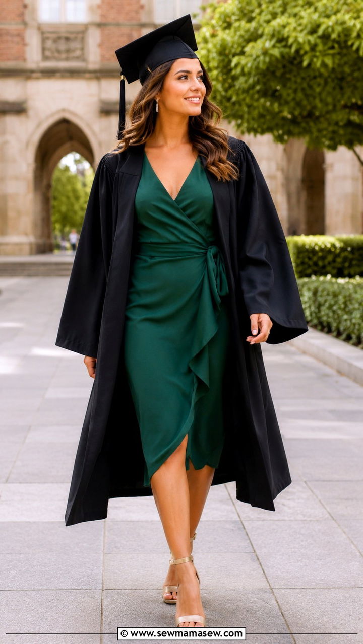 Emerald Green Wrap Dress with Gold Heels - 30 Graduation cap and gown outfit ideas
