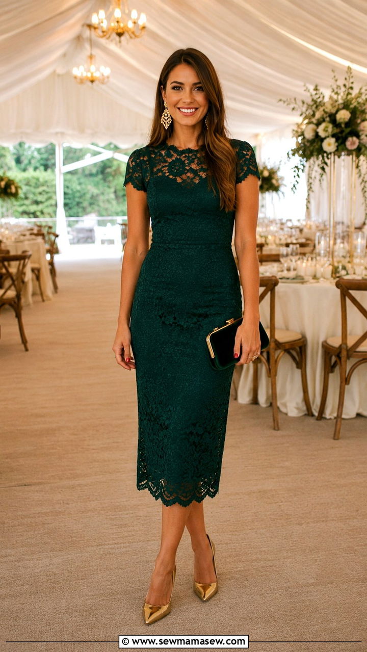 Emerald Lace Midi Dress With Heels - 30 Tent wedding guest outfit ideas