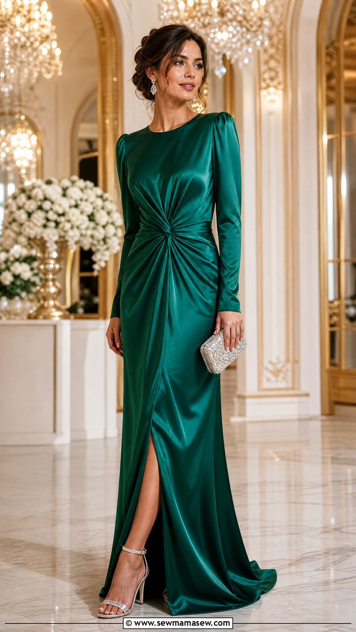 Emerald Long Sleeve Satin Gown Wedding Guest Outfit - 30 Emerald wedding guest dress outfit ideas