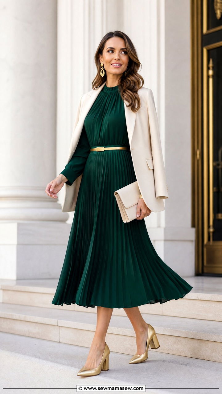 Emerald Pleated Midi Dress With Gold Accessories - 25 Business casual outfits with midi dress