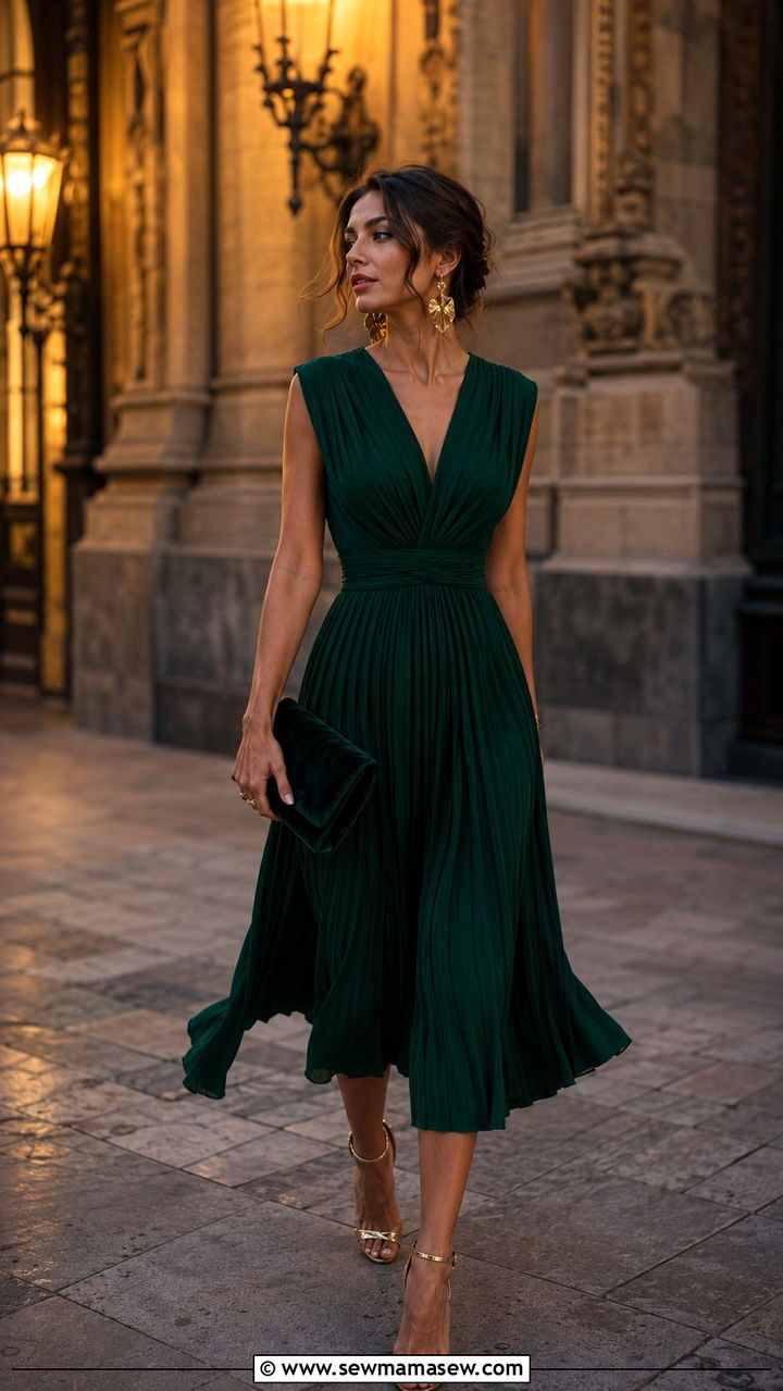 Emerald Pleated Midi Dress With Heels - 25 Opera aesthetic outfit ideas