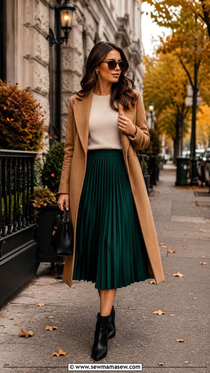 Emerald Pleated Midi Skirt with Camel Coat - 30 Midi skirt outfit ideas for work