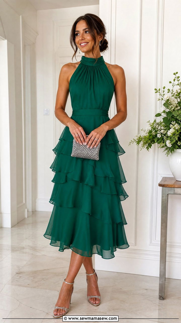 Emerald Ruffled Midi Dress Wedding Guest Outfit - 30 Emerald wedding guest dress outfit ideas
