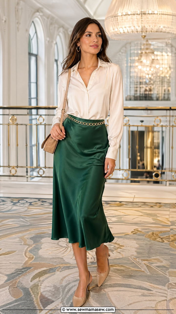 Emerald Satin Midi Skirt With Blouse - 35 Dressy spring outfits