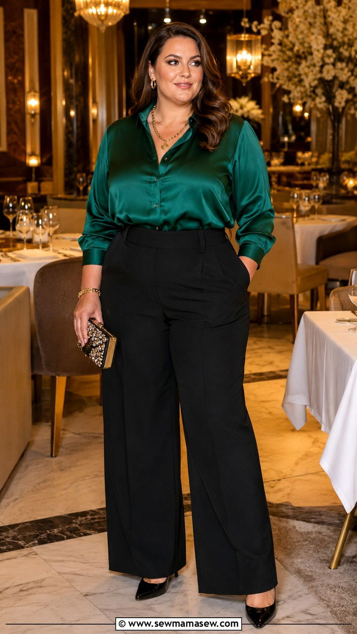 Emerald Silk Blouse with Black Wide Leg Trousers - 30 Old money outfits plus size