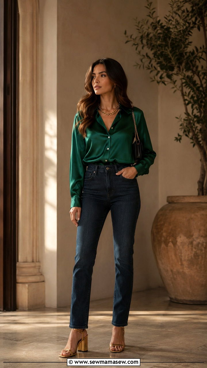 Emerald Silk Shirt With Dark Wash Jeans And Gold Heels Outfit - 30 casual glamoratti outfits