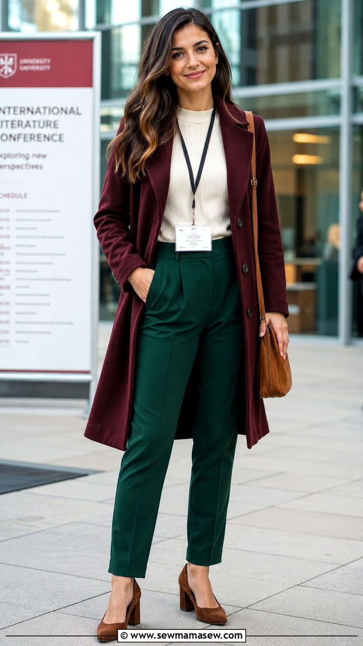 Emerald Suit Pants With Burgundy Coat And Brown Heels - 25 Professor outfit ideas