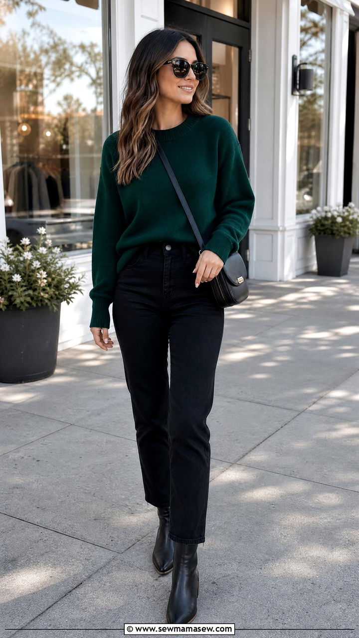 Emerald Sweater with Black Jeans - 30 Emerald and black outfit ideas