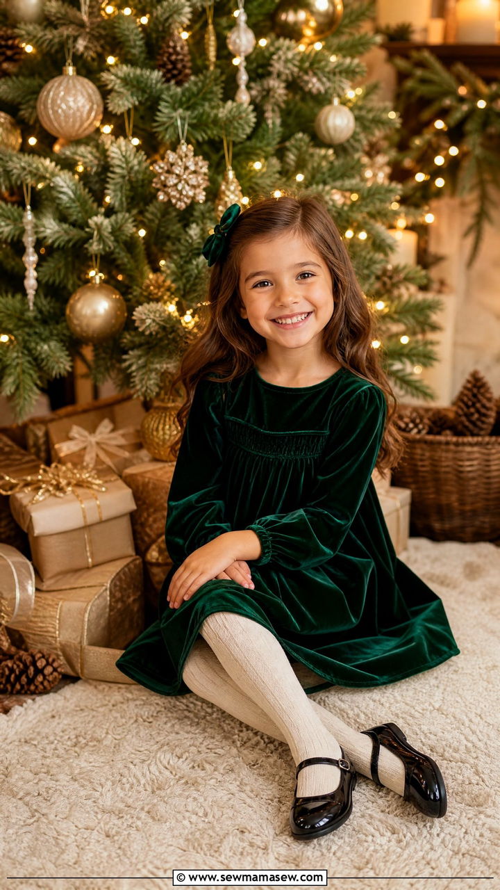 Emerald Velvet Dress with Mary Jane Shoes Outfit - 30 Kids family photo outfits