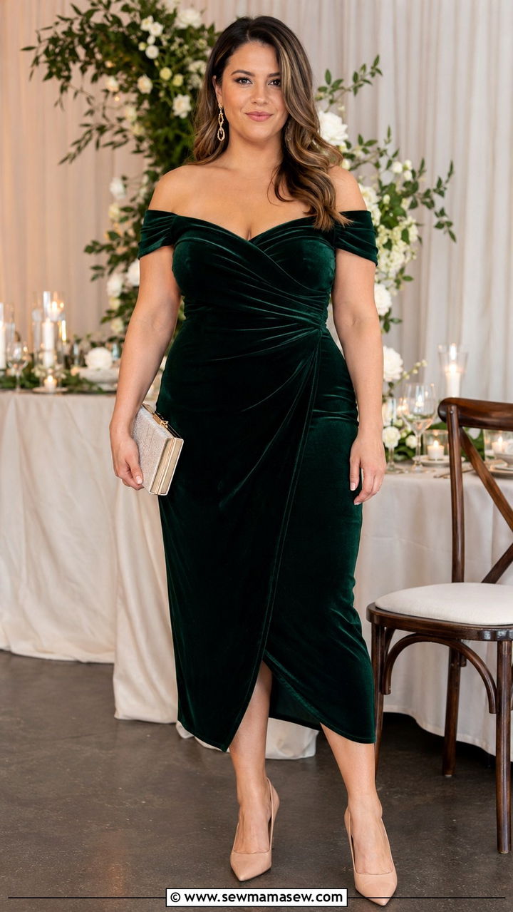 Emerald Velvet Off Shoulder Midi Dress - 25 Wedding guest outfit ideas size 14