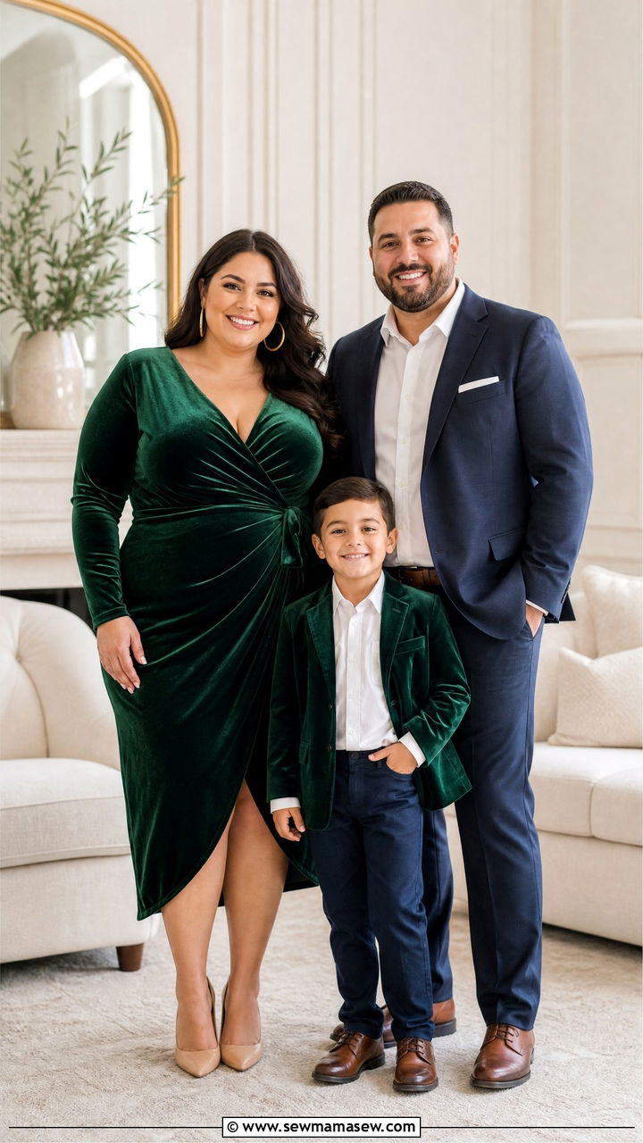 Emerald Velvet Wrap Dress With Gold Hoops - 30 Plus size outfit ideas for family photos