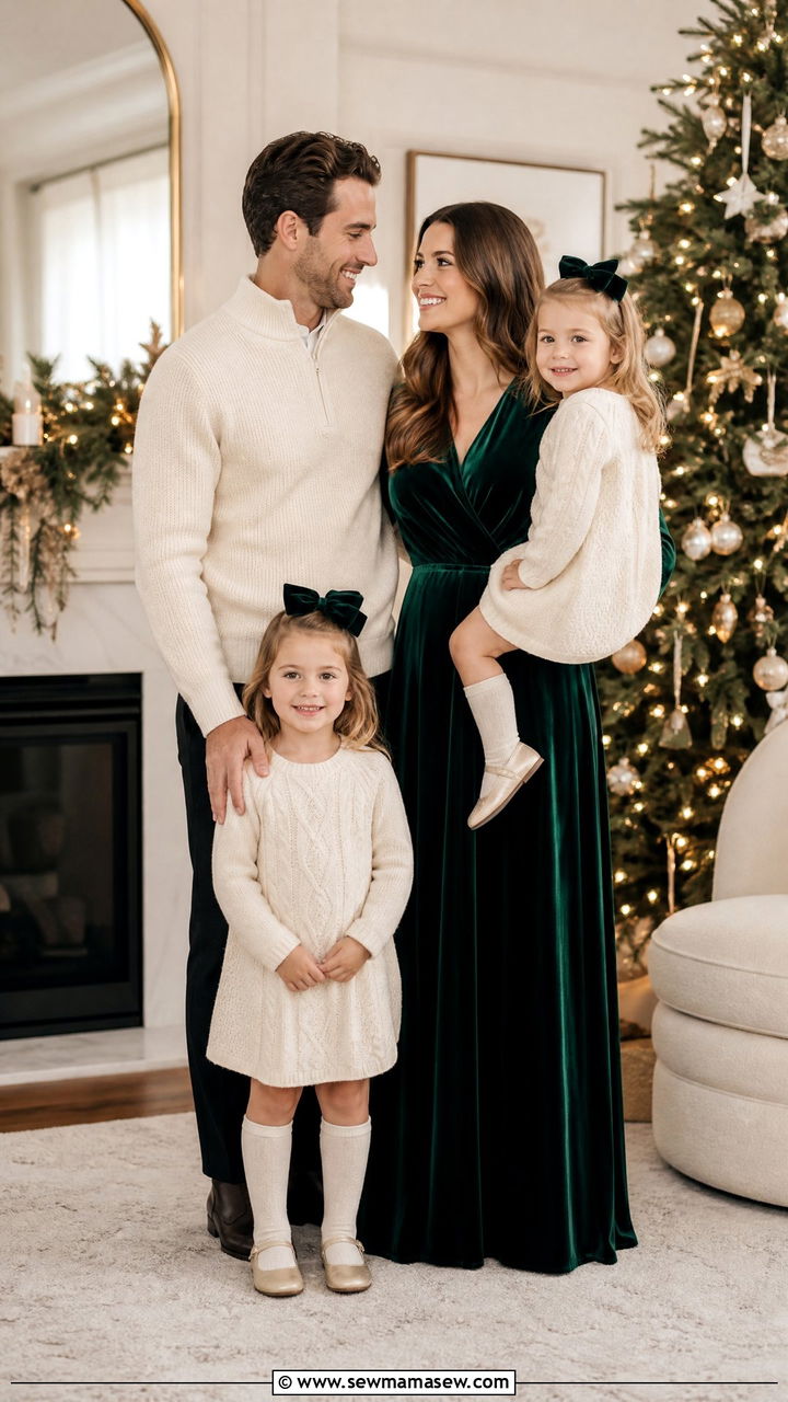 Emerald Velvet and Ivory for Indoor Holiday Family Portraits - 30 Family photoshoot outfit ideas
