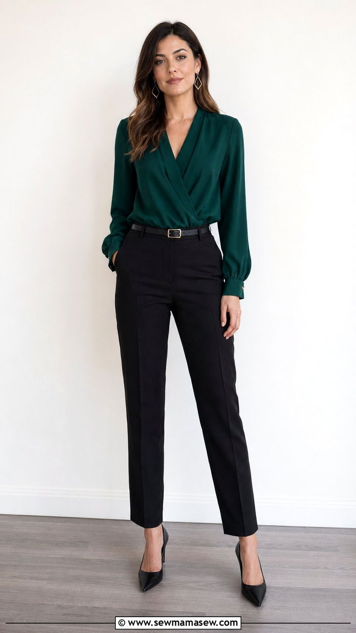 Emerald Wrap Blouse And Black Trousers Outfit - 30 Zoom interview outfit ideas