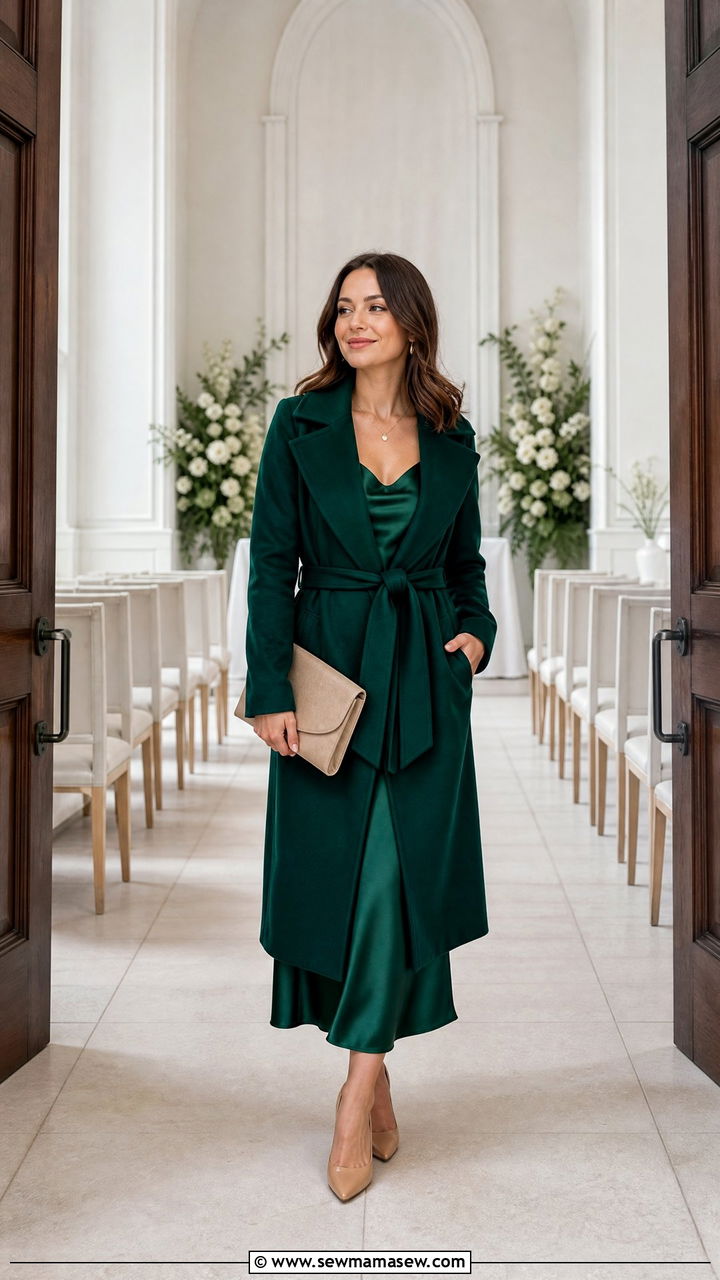 Emerald Wrap Coat Over Slip Dress Wedding Guest Outfit - 30 Emerald wedding guest dress outfit ideas