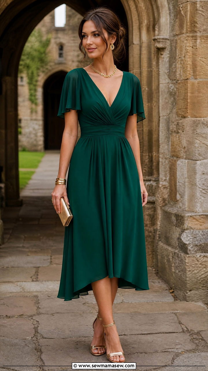 Emerald green A line dress with gold accessories - 25 Castle wedding guest outfit ideas