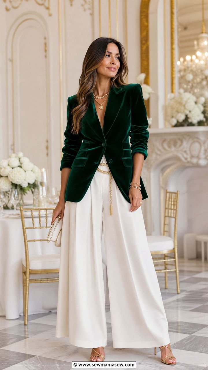 Emerald green blazer with ivory wide leg pants - 25 How to style a blazer for a wedding