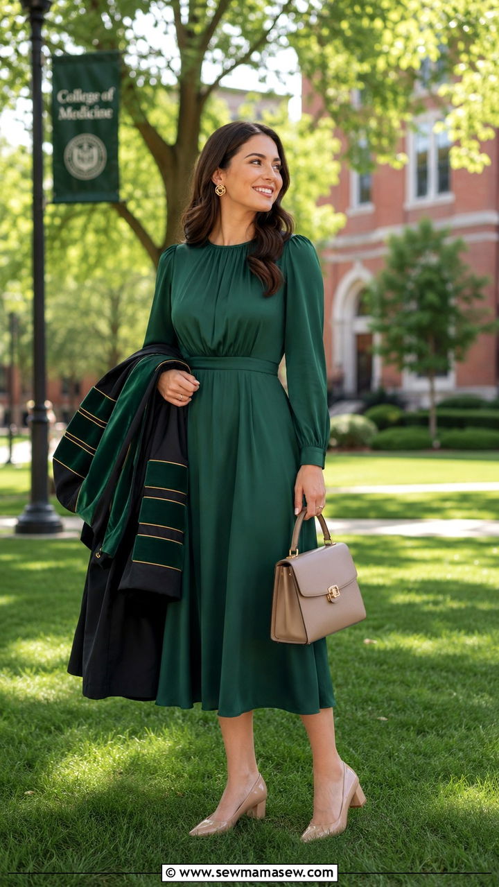 Emerald green dress PhD hooding ceremony outfit - 20 PhD hooding ceremony outfit ideas