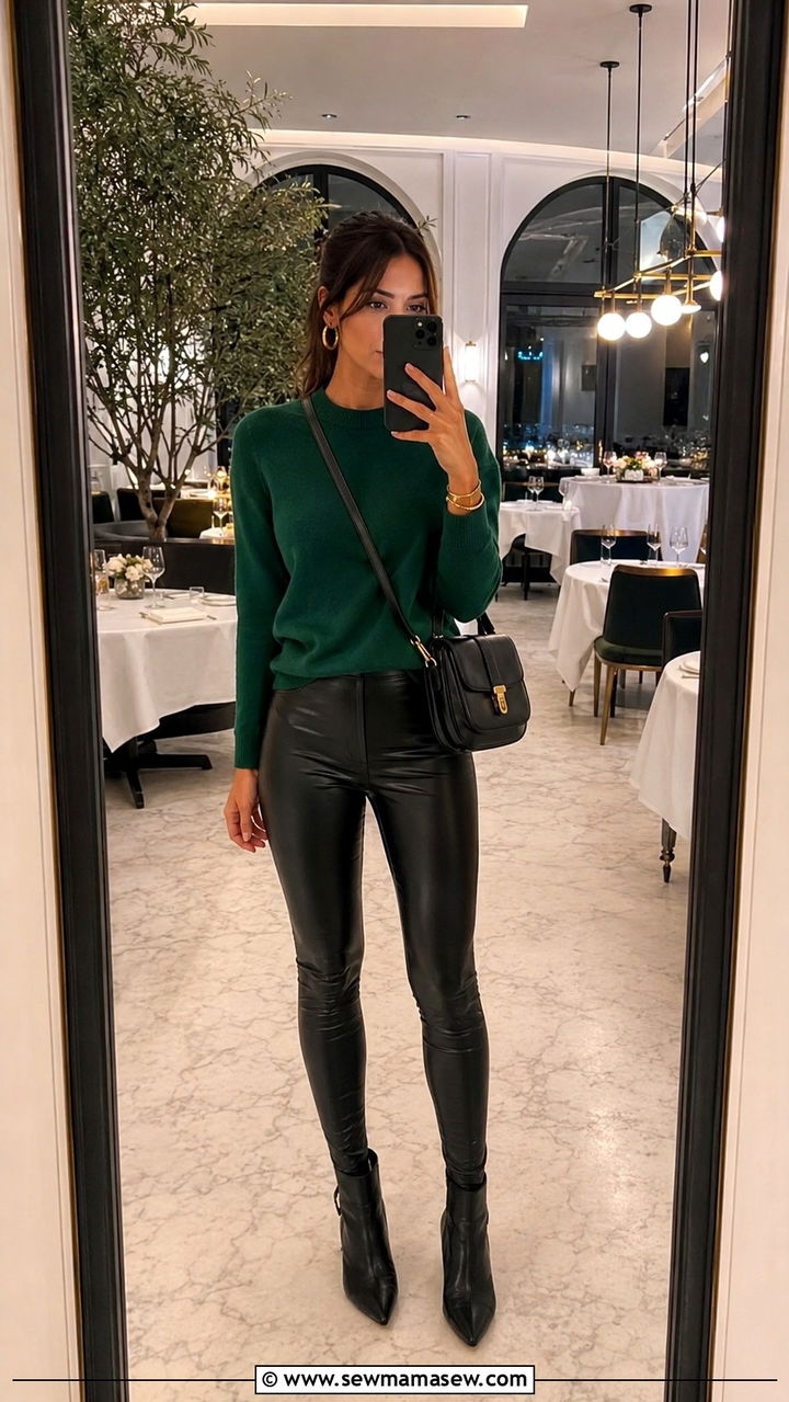 Emerald green lightweight sweater with black faux leather leggings - 30 Spring outfits with light sweaters