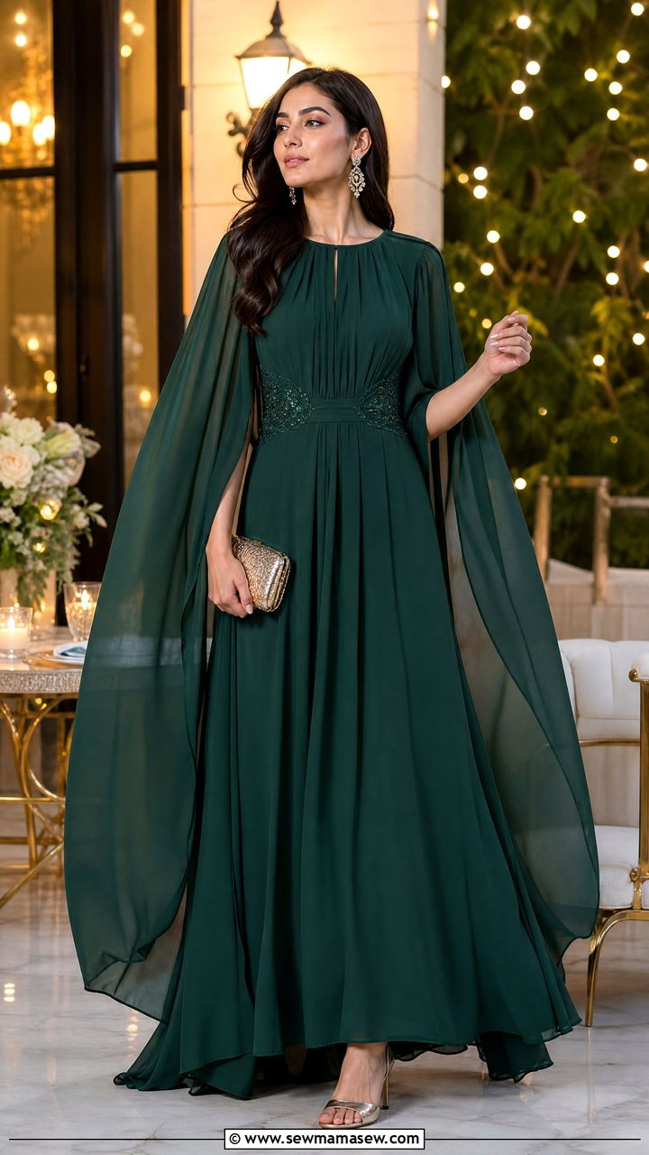 Emerald green maxi dress with cape sleeves - 25 Iftar party outfit ideas