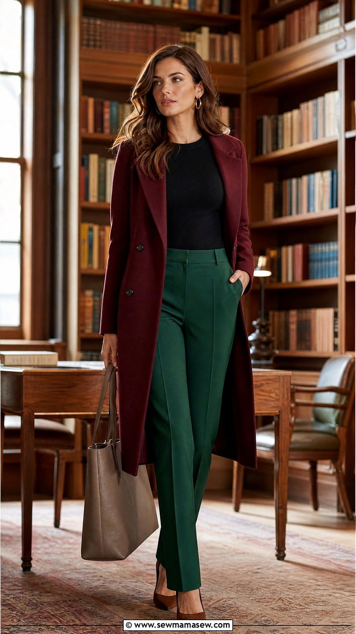 Emerald green pants and burgundy coat librarian outfit - 25 librarian core outfits to copy