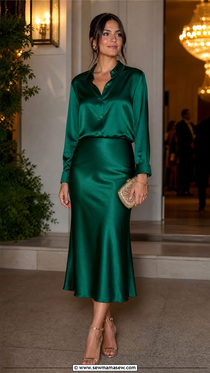 Emerald green satin co ord set with strappy heels - 25 Matching set outfit ideas bold color