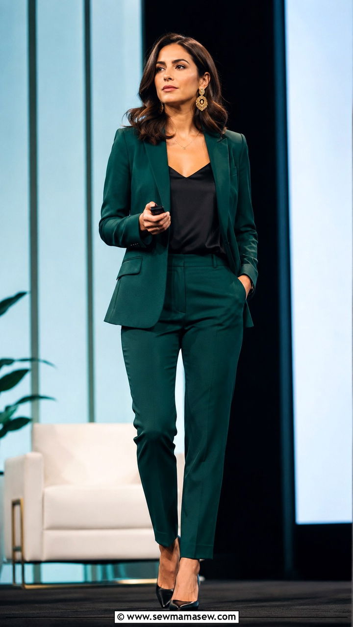 Emerald green tailored suit with black silk camisole and pointed toe heels - 30 Business travel capsule wardrobe