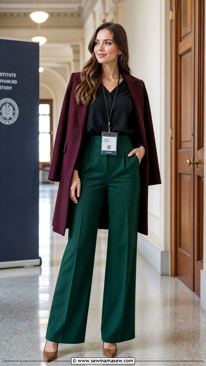 Emerald green trousers with burgundy coat and brown heels - 35 Librarian outfit ideas for work