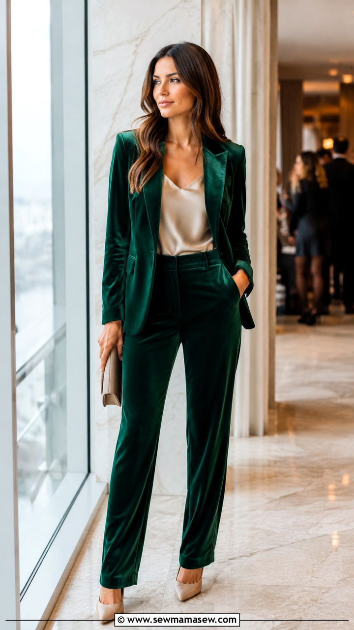 Emerald green velvet suit - 30 Office party outfit ideas