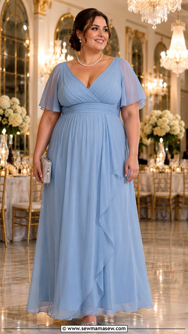 Empire Waist Chiffon Gown With Pearl Jewelry - 30 plus size spring wedding guest outfit ideas