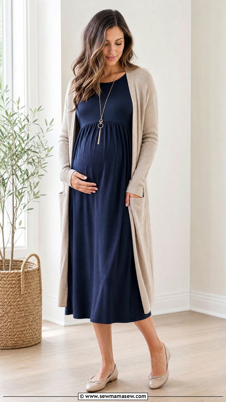 Empire Waist Dress With A Long Cardigan - 25 Maternity outfit ideas hiding bump