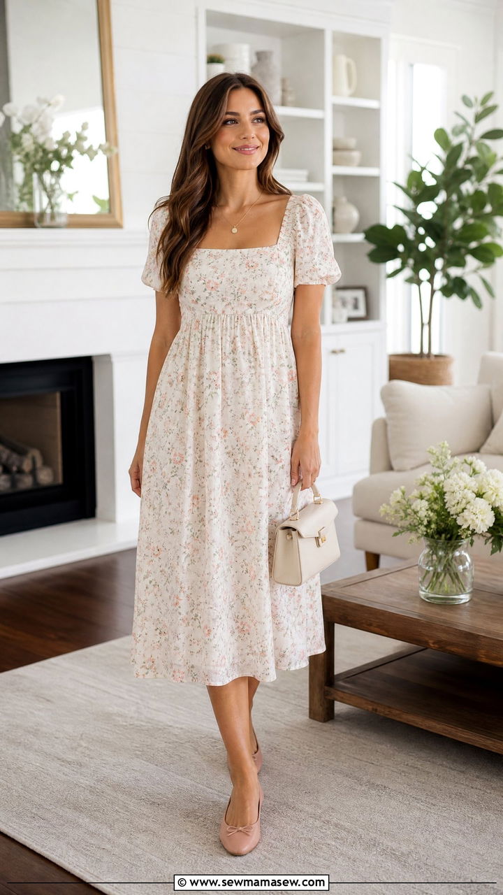Empire Waist Dress with Ballet Flats - 35 Housewarming party outfits
