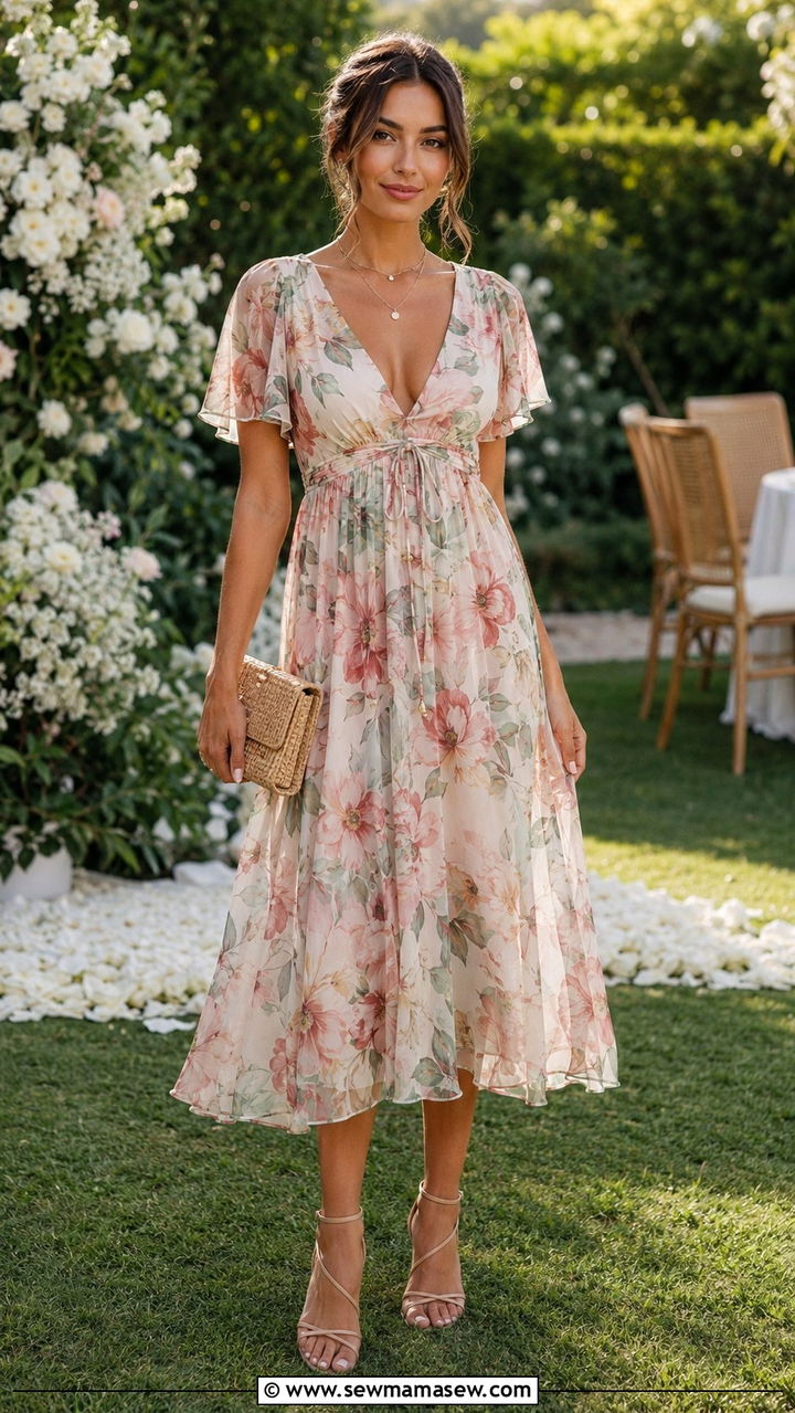 Empire Waist Dress with Strappy Sandals - 25 Outfit ideas for small bust and wide hips