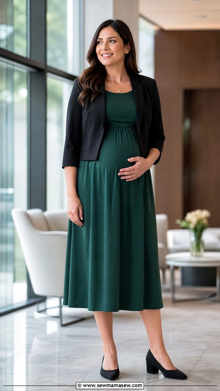 Empire Waist Maternity Dress with Cropped Blazer - 30 Maternity outfit ideas corporate