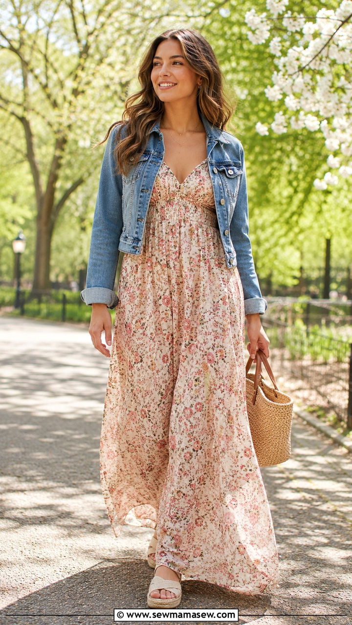 Empire Waist Maxi Dress With Denim Jacket - 30 Outfit ideas for short torso