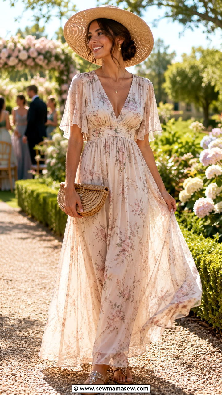 Empire Waist Maxi Dress With Flat Sandals - 25 Wedding guest outfit ideas hourglass