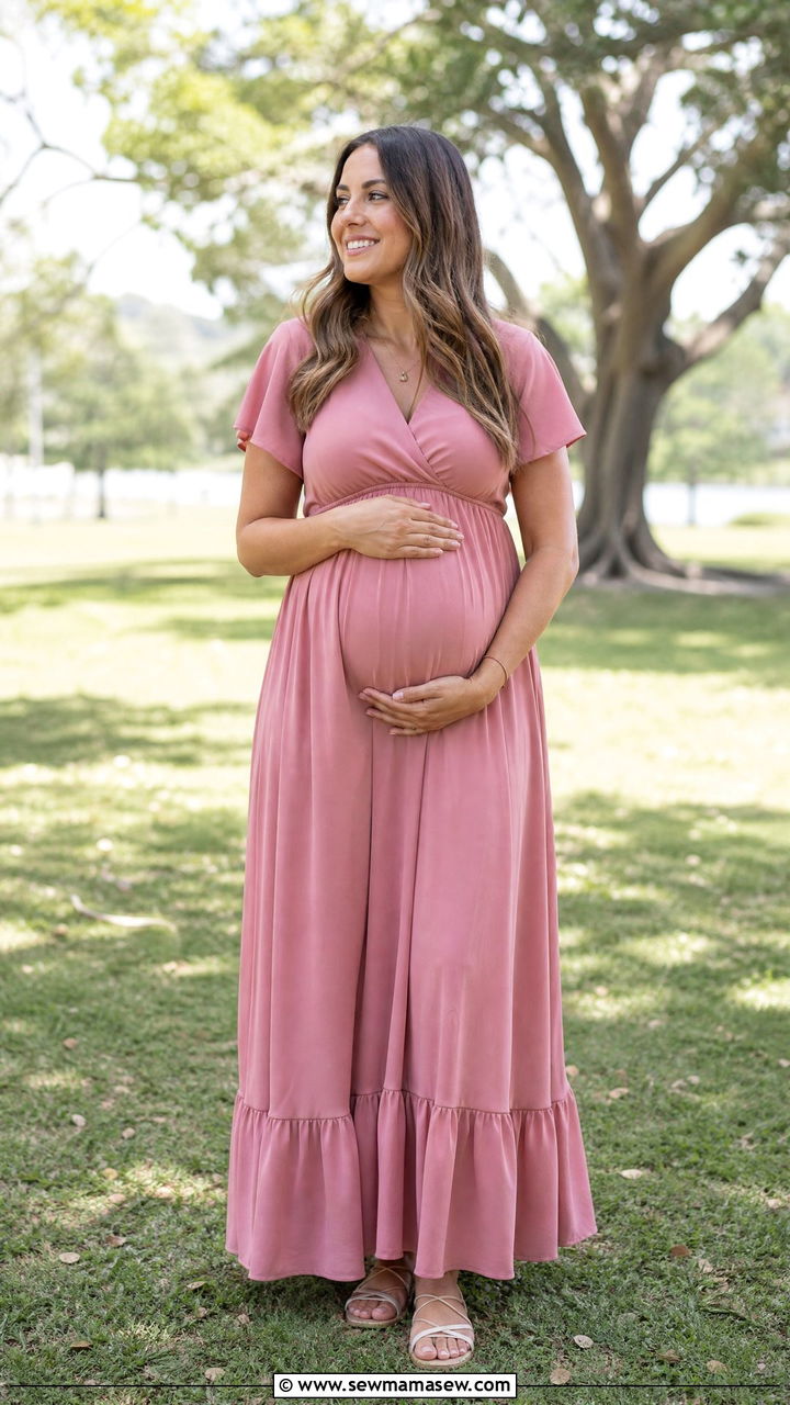 Empire Waist Maxi Dress With Flat Strappy Sandals - 25 Gender reveal photo outfit ideas 2026