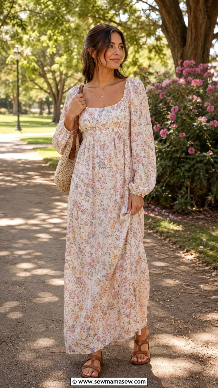 Empire Waist Maxi Dress With Long Sleeves And Flat Sandals - 30 Maxi dress with sleeves outfit ideas