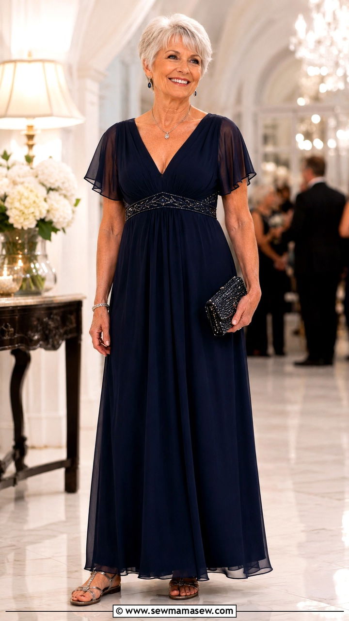 Empire Waist Maxi Dress With Metallic Sandals - 30 Party outfits for women over 60