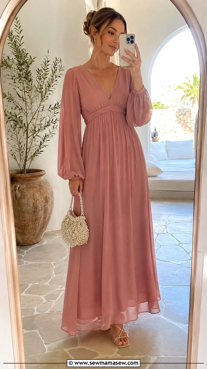 Empire Waist Maxi Dress With Sleeves For Wedding - 20 Wedding guest outfit ideas with long sleeves