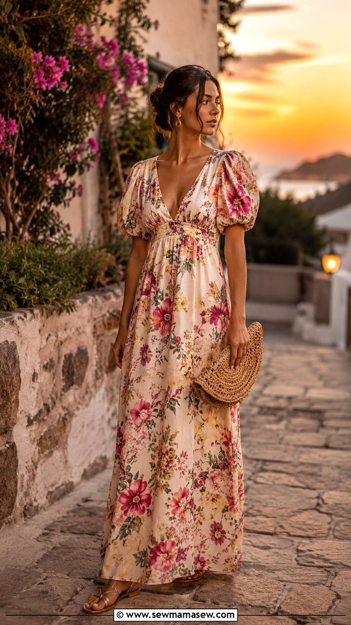 Empire Waist Maxi Dress With Strappy Sandals - 30 Outfit ideas for long torso