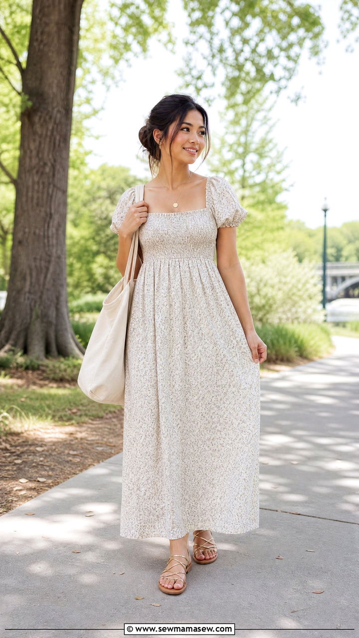 Empire Waist Maxi Dress With Strappy Sandals - 25 Maxi dress for petite outfit ideas