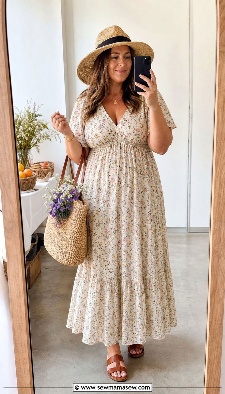 Empire Waist Maxi Dress With Straw Hat - 25 Summer outfits for apple shape