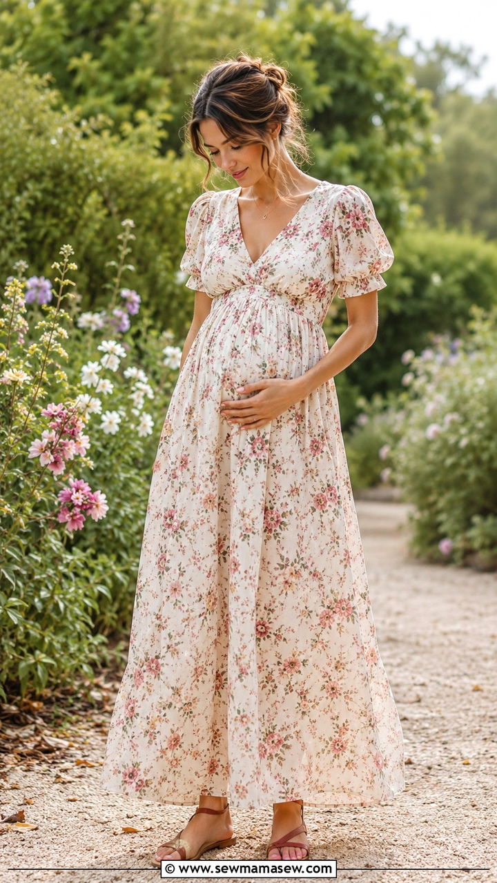 Empire Waist Maxi Dress with Flat Strappy Sandals - 20 Postpartum outfit ideas still looks pregnant